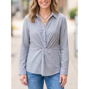 IDEM DITTO Blue Pinstripe Twist Front Blouse S NWT | Work to Weekend Top